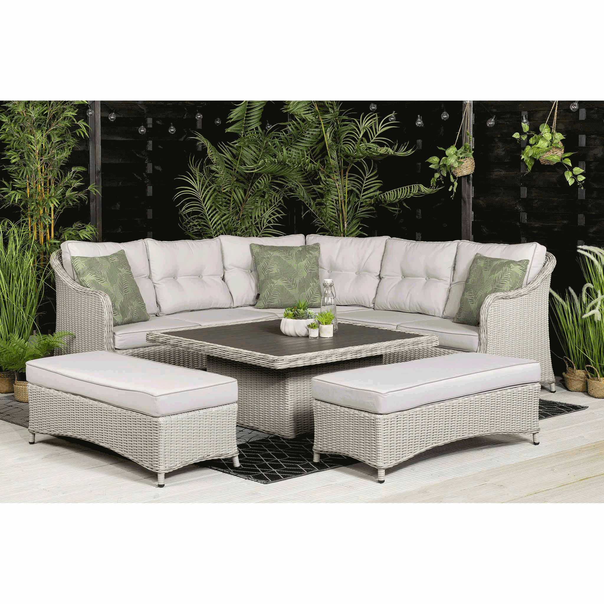 Hazel Corner Sofa with Rising Table and 2 Benches in Grey Rattan